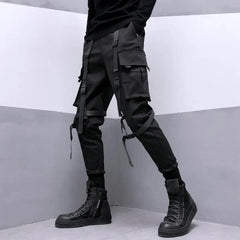 Bonsir Techwear Black Cargo Pants for Men Cargo Trousers Male Japanese Streetwear Hip Hop Spring Ribbon Pocket Harajuku Fashion