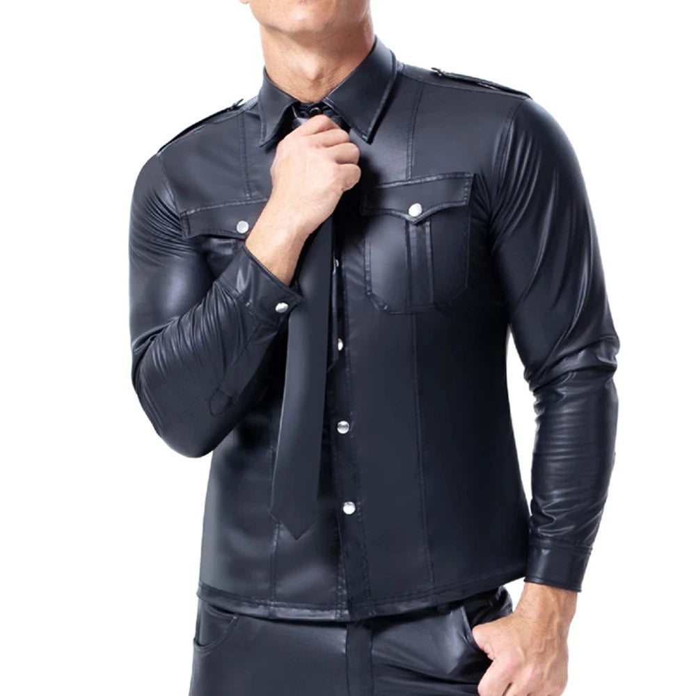 Bonsir Fashion Black Faux Leather Men Oversize Fitness Shirts Long Sleeves Pocket PU Metal Fastener Tops Tees Sexy Slim Fit Sexy Shirt