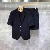 BONSIR  -  Korean Style Men Short Sleeved Suits Jackets And Shorts Male Simple Solid Houndstooth Fabric Comfortable Slim Fit Two-piece Sets