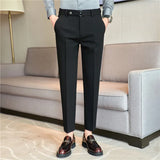 Bonsir Dark stripe Men Formal Trousers 2024 New Fashion Belt Design Man Dress Pants Simple Slim Business Casual Suit Pant Plus Size 38