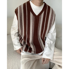 Bonsir Korean Fashion Winter V-neck Mens Sweater Vest Sleeveless Trend Personality Loose Casual College Mens Vintage Knitted Vest V18