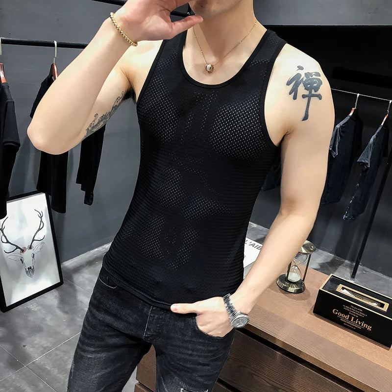 Bonsir Summer Cool Breathable Mesh Sweat Tank Vest Men Solid Color Sleeveless Round Neck Sweat Absorption Gym Men Tank Top