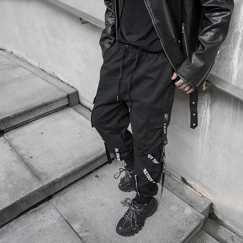 Bonsir Techwear Cargo Pants Men Joggers Black Cargo Trousers for Men Jogging Japanese Streetwear Hip Hop Hippie Gothic Ribbon