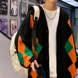Bonsir Mens Sweater Diamond Plaid Contrast Color Casual Knit Tops Streetwear Campus Designer Couple Valentines Cardigan Unisex 2025 New