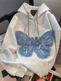 Bonsir Hiphop Vintage Butterfly Hoodie Fashion Women Denim Patch Fried Street Autumn Winter Plush Versatile Couple Sweatshirt Chic