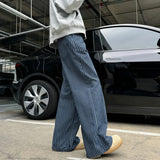 BONSIR  -  American Retro Cleanfit Blue Vertical Striped Loose Wide Leg Jeans for Men Trendy High Waist Long Pants Straight Cut Trousers
