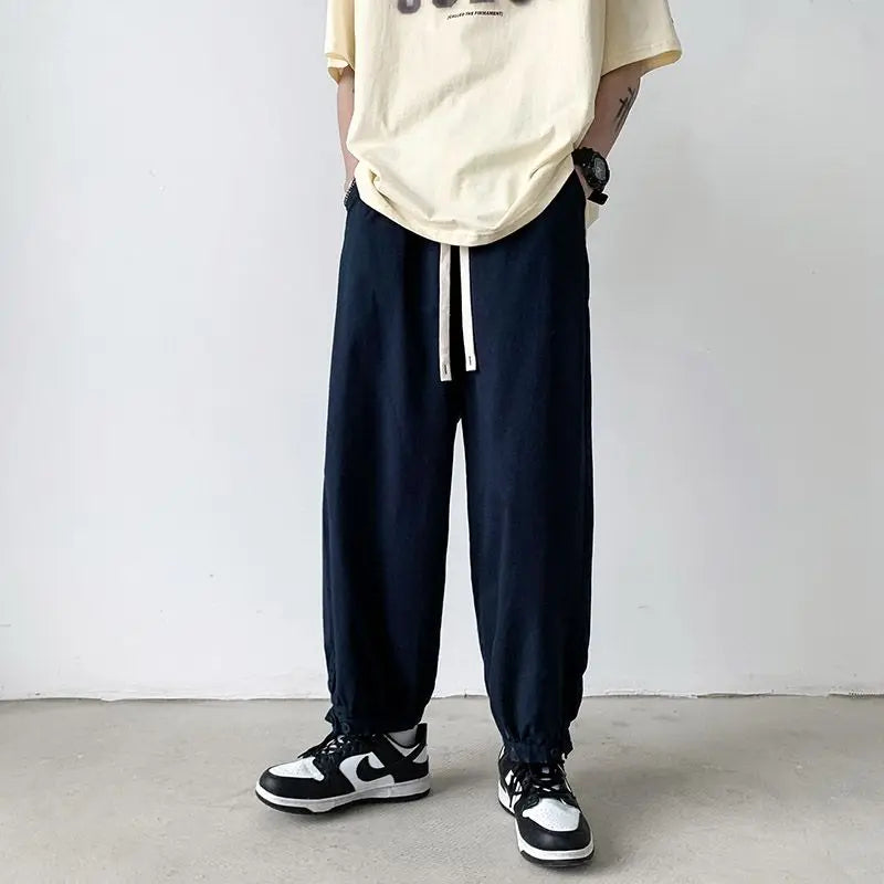 Bonsir Spring Summer Loose Japanese Casual Pants Solid Color Drawstring Fashion Slim Youth Men's Workwear Wide Leg Guard Pants