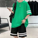 BONSIR  -  2 Pieces Men Shorts Set Summer Waffle Fabric Casual O Neck Half Sleeve T Shirt+Shorts Sets Oversize Loose Letter Print Tracksuit