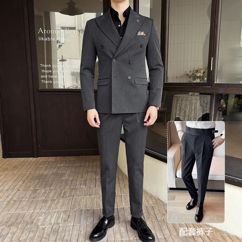 Bonsir (Jacket+Pant) Fashion Double Breasted Design Men's Slim Fit Suits High Quality Italian Style Wedding Social Tuxedo Men Clothing