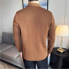 Bonsir Autumn New Fake 2 Pieces Knitted Cardigan Traceless Shirt Collar Spliced Casual Pullovers Fashion Men Slim Sweater Coats 4XL-M