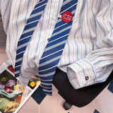 BONSIR  -  Blue Striped with Tie Men's Long Sleeved Shirt College Style Design Lapel Male Blouse Spring Autumn Loose Casual Top