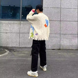 Bonsir Mens Sweater Graffiti Contrast Color Ripped Casual Knit Sweater Autumn Fashion Streetwear Versatile Long-Sleeved Top Men'S Wear