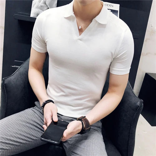 Bonsir Summer New V-neck Breathable Polo Shirt Men Clothing Fashion Short Sleeved Slim Fit  Solid Color Tee Tops Streetwear 4XL-M