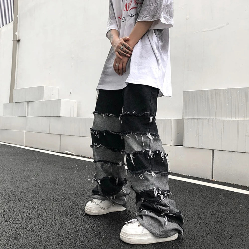 Bonsir Grunge Clothes Ripped Jeans Men Streetwear Casual New Fashion Trousers Wide Leg Street Autumn Winter Punk Distressed Denim Pants