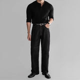 BONSIR  -  New American Fashion Men Henry Collar T-shirt Light Luxury Solid Color Long Sleeve Tops Leisure Light Business Basic Shirt M-3XL