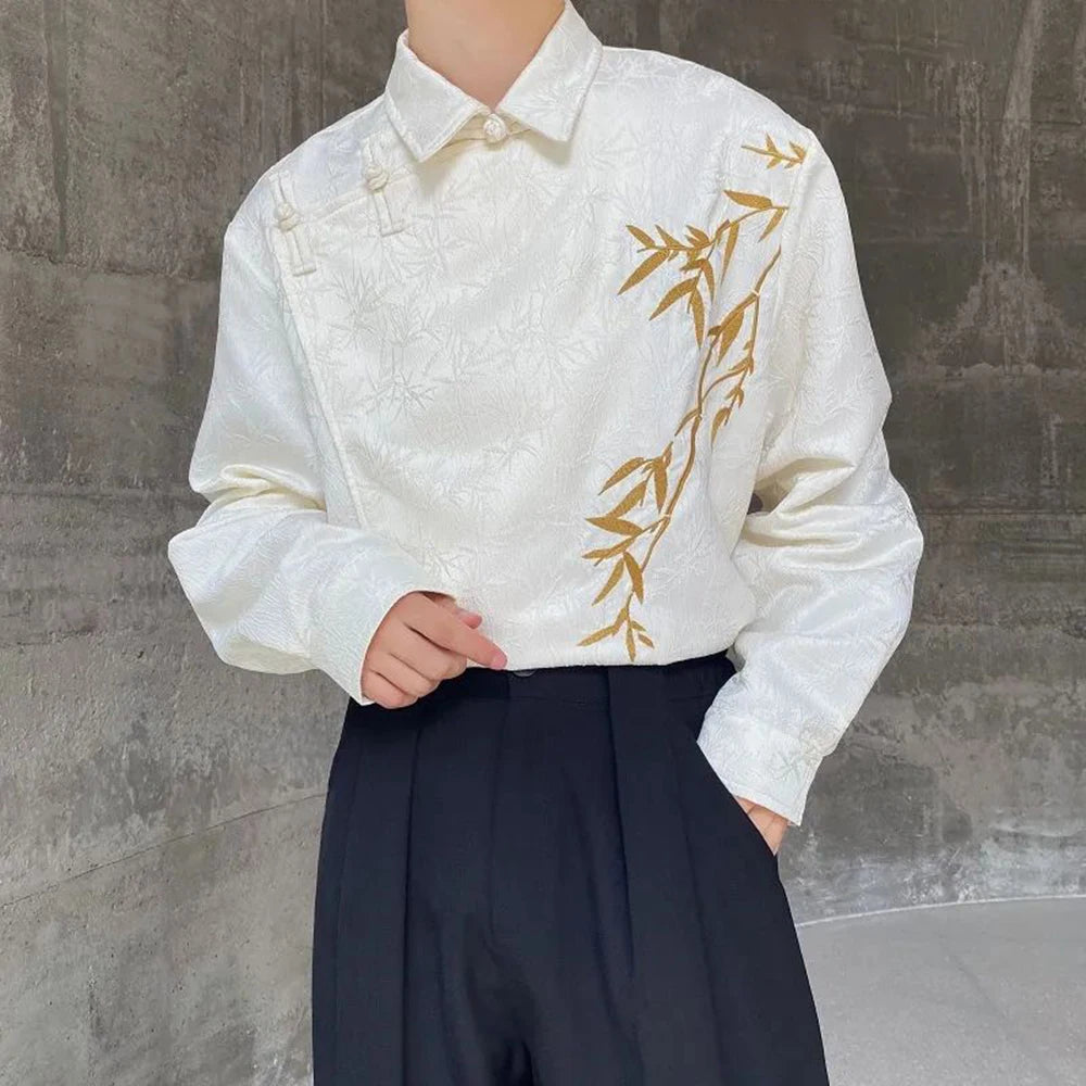 Bonsir Mens Chinese Jacquard Bamboo Embroidered Cheongsam Button Shirt Autumn Winter Genderless Retro Satin Long Sleeve Shirt Unisex