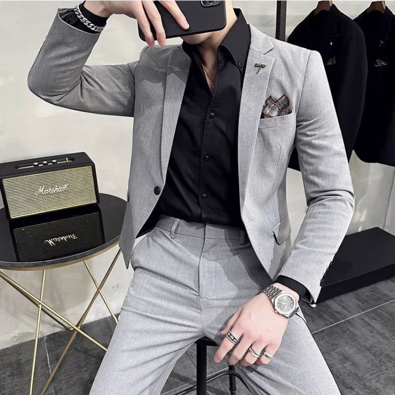 Bonsir 7XL ( Jacket+Pant）Men Slim Fit Suit Wedding Groom Tuxedo Groomsmen Suits Male Fashion Business Stage Costume Homme 2 Pieces