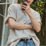 BONSIR  -  New Fashion Korean Style Men T-shirt Light Luxury Henry Collar Tops Casual Loose High Quality Solid Color Half Sleeve Tees M-2XL