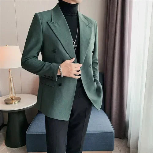 Bonsir British Style Men Stripe Slim Fit Double Breasted Blazer Jackets Men Clothing 2024 New Business Formal Wedding Dress Suit Jacket