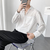 Bonsir Sexy Translucent Hollow Plaid Shirt Korean Fashion Loose Casual Long Sleeve Shirt Male Dress Shirts Tops Stage Clothes