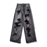 Bonsir Mens Ripped Casual Washed Jeans American Streetwear Temperament Loose Versatile Personality Straight Trousers Unisex 2024 Summer
