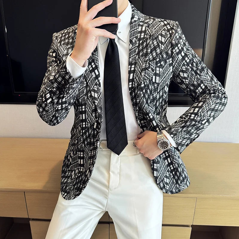 Bonsir Camouflage Grid Suit Jacket For Men New Business Casual Slim Blazer Korean Luxury High Quality Wedding Business Suit Coats