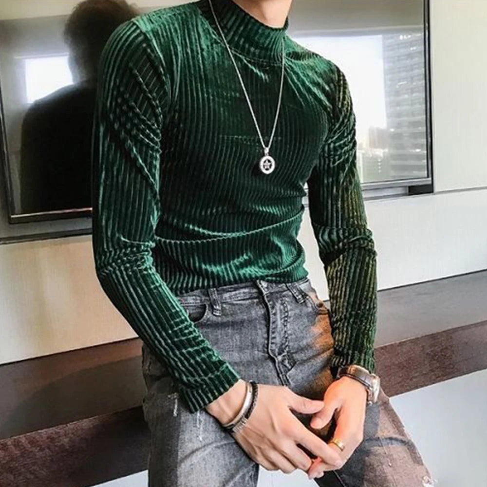 Bonsir Velvet Turtleneck T-Shirt 2023 Spring Fall Slim Striped Casual Tops Men Long Sleeve Tight Tee Shirts Club Costume Camiseta Homme