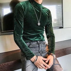 Bonsir Velvet Turtleneck T-Shirt 2023 Spring Fall Slim Striped Casual Tops Men Long Sleeve Tight Tee Shirts Club Costume Camiseta Homme