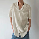 BONSIR  -  Men Shirt Lapel Short Sleeve Summer Loose Casual Tops Streetwear Shirts 2025 Patchwork See Through Stylish Men Clothing