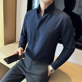 Bonsir High Quality V-Neck Shirt Men Autumn New Long Sleeve Business Slim Fit Solid Shirt Formal Wear Casual Social Tuxedo Men Clothing