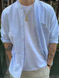 BONSIR  -  Fresh green collar striped long sleeve shirt men's casual Joker fashion street style