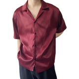 Bonsir Summer Men's Stylish Shirt Cuban collar Satin Silk Wine Red Dress Shirts Short Sleeve Tops Wedding Prom Party Holiday Blouse Man