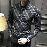 Bonsir Korean Fashion Spring Autumn Shirts Men Clothing Lapel Plaid Single Breasted Smart Casual Office Social Long Sleeve Slim Tops