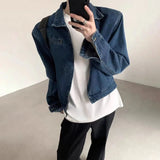 Bonsir Mens Autumn College Style Simple Y2k Niche Short Denim Jacket Fashion Youth Trend Retro Washed Shoulder Pad Cardigan Jacket Men
