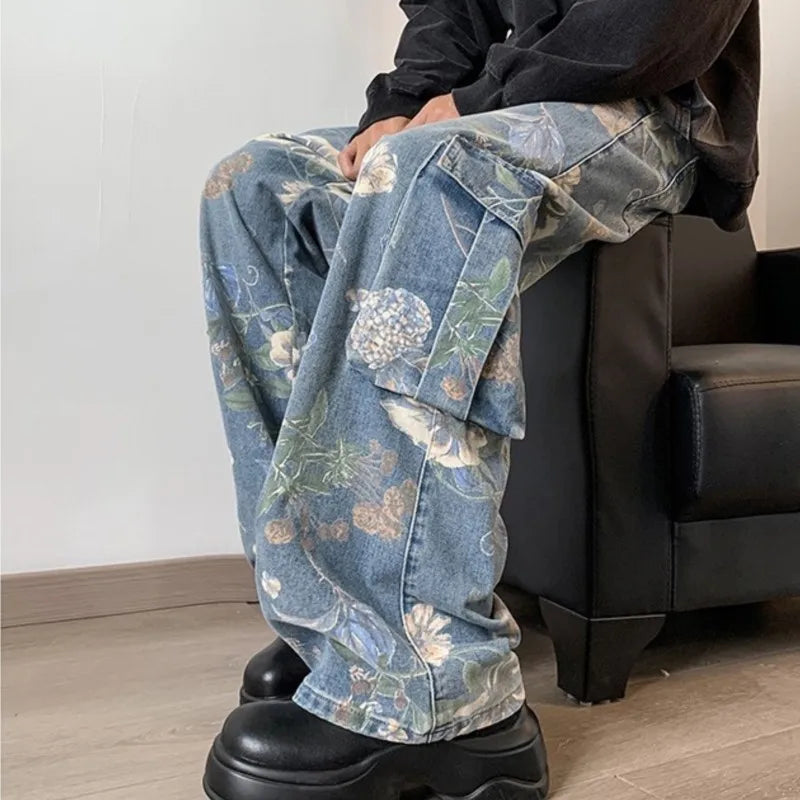 Bonsir Korean Style Denim Cargo Pants Mens Fashion Floral Printed Jeans 2024 Autumn Loose Casual Trousers Hip Hop Wide-leg Jean Pants