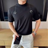 Bonsir New Woven Belt Decoration Splicing Design T-shirt  For Men Korean Fashion Slim Fit Elastic Half-High Collar Short-Sleeved Tee