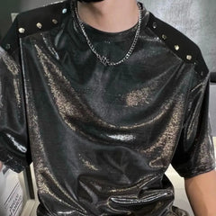 Bonsir Summer Pearlescent Metal Rivets Reflective Short-sleeved T-shirt Fashionable Loose Casual High Street Niche Tops Male Clothes