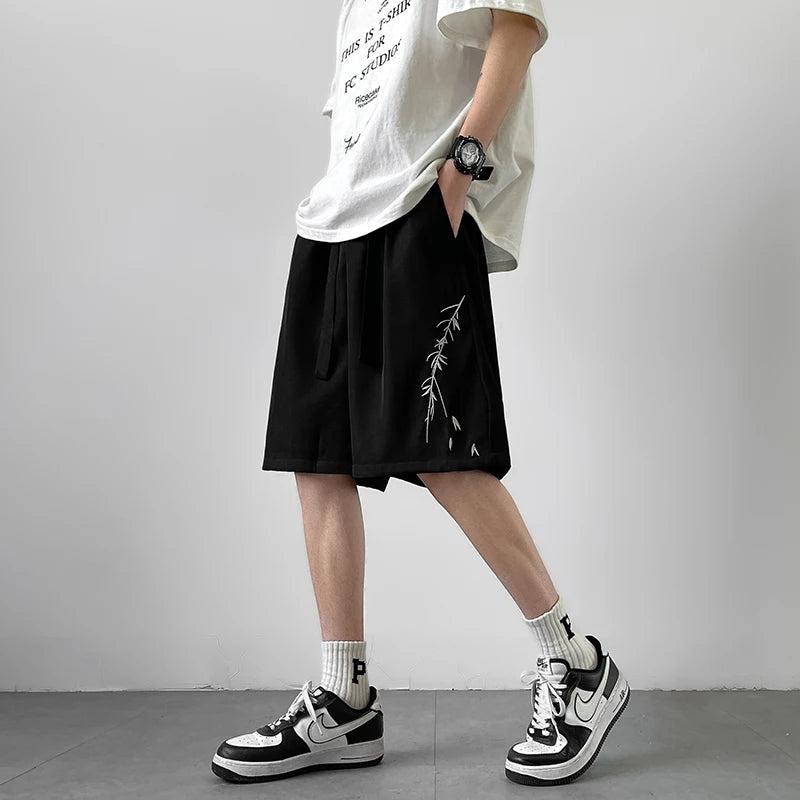 Bonsir Leaf Embroidery Casual Shorts Men Summer Basic Simple Loose Hip Hop Streetwear Chinese style Leisure Shorts White/Black 5XL-M