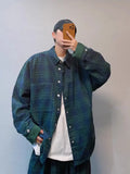 BONSIR  -  autumn new loose couple style retro green plaid long-sleeved shirt jacket men