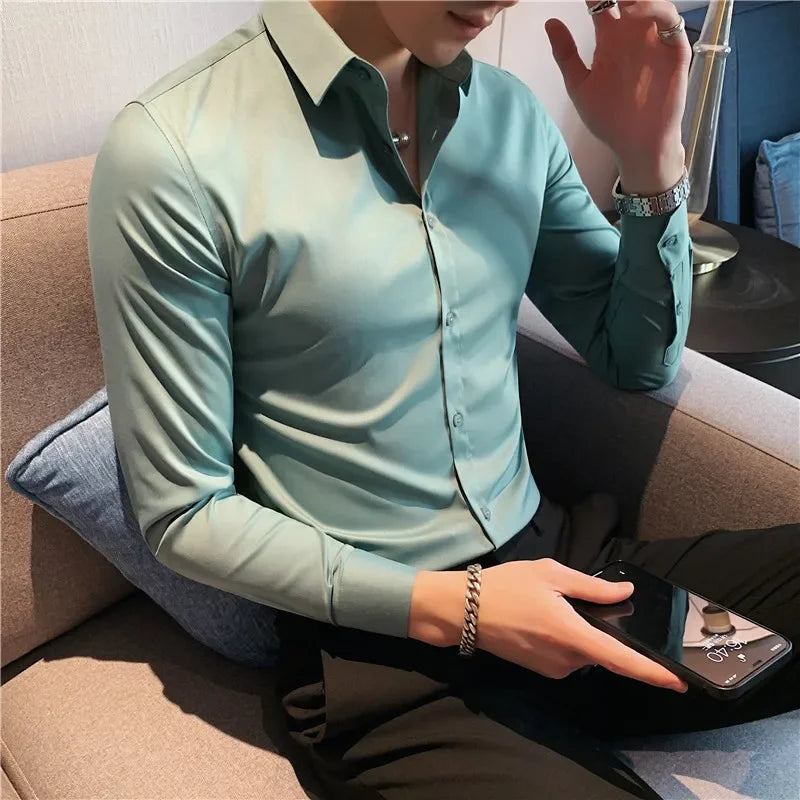 Bonsir 9 Colors High Quality Men Shirt Autumn New Long Sleeve Solid Business Slim Fit Shirts Homme Dress Social Casual Shirt 4XL-M