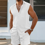 BONSIR  -  Summer Casual Tank Tops Two Piece Sets Men Vintage Solid Color Sleeveless Vest Shirt And Shorts Outfits Mens Leisure Suits