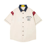 BONSIR  -  Summer Mens Splicing Short Sleeve Shirts Hip Hop Stars Embroidered Patch Blouses Harajuku Streetwear Casual Fashion Loose Shirts