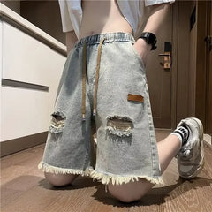 Bonsir Harajuku Trendy Youth Fashion Ins Men's Denim Shorts Artistic Holeed Loose-fit New Style Summer Season Other Pattern