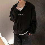 BONSIR  -  Spring and Autumn Heavy Shoulder Pad V-Neck Hooded Sweatshirt Unisex Korean Fashion Brand High-end Short Y2K Hoodie Men