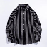 BONSIR  -  Autumn Business Casual Striped Shirts for Men Tops Stripe Shirt Loose Top Cotton Blouse Cardigan Korean Long-Sleeved Shirts