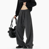 BONSIR  -  Korean Style Men's Casual Pants Wollen Elastic Waist Plaid Design Contrast Color Wide Leg Drawstring Male Bottom 24K5362