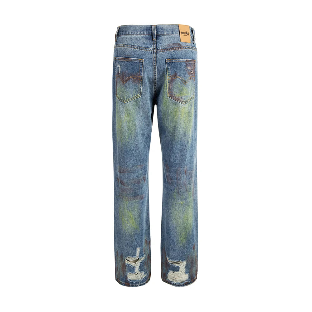 Bonsir Green Painted Hole Washed Blue Baggy Jeans Mens Streetwear Distressed Casual Loose Denim Trousers Ropa Hombre Frayed Cargo Pants