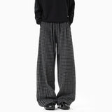 BONSIR  -  Korean Style Men's Casual Pants Wollen Elastic Waist Plaid Design Contrast Color Wide Leg Drawstring Male Bottom 24K5362