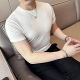 Bonsir Summer Men Ice Silk Short Sleeved T-shirt Fashion Stripes O-Neck Slim Fit Casual Elastic Tee Tops 4XL-M Streetwear