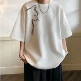 BONSIR  -  Cute Cat Printed Men's Short Sleeved T-shirt Korean Style Minimalist Waffle Style Male Tee Summer Round Neck Loose Top